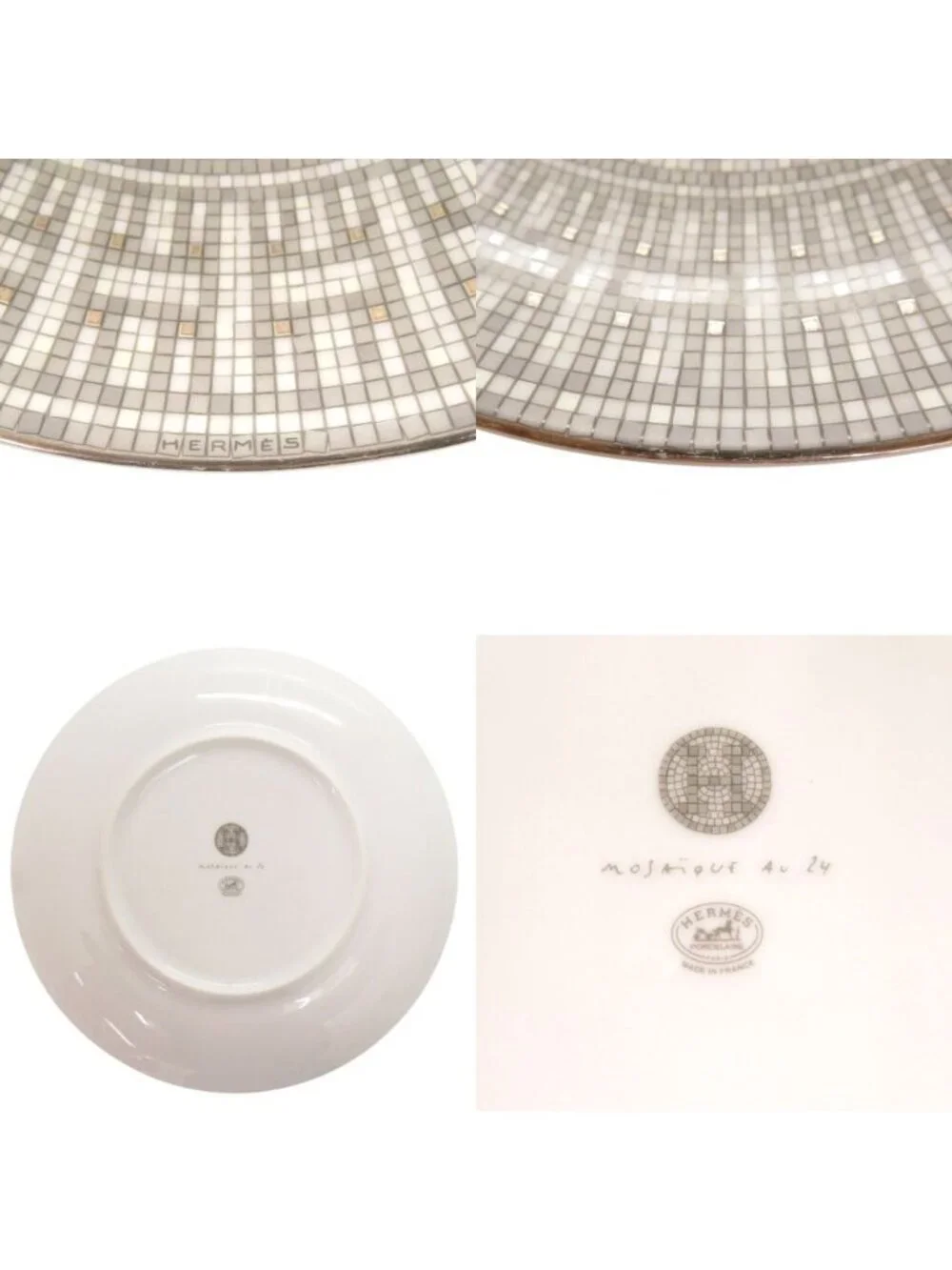 Hermes Mosaic 24 Platinum Ceramic Gray Leather Dessert Plate
